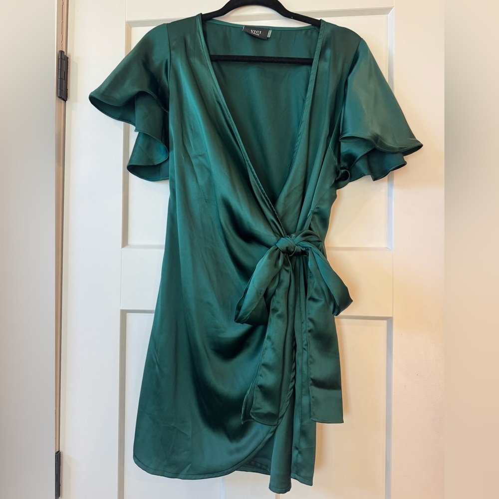 VICI Emerald Green Satin Wrap Mini Dress
